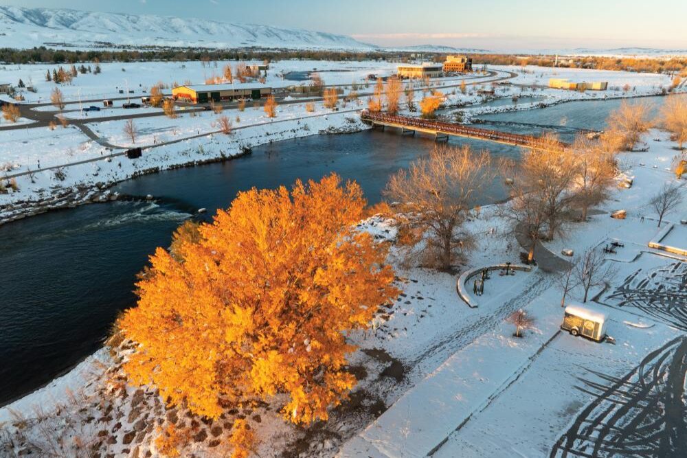 Snow on the river in Casper, Wyoming