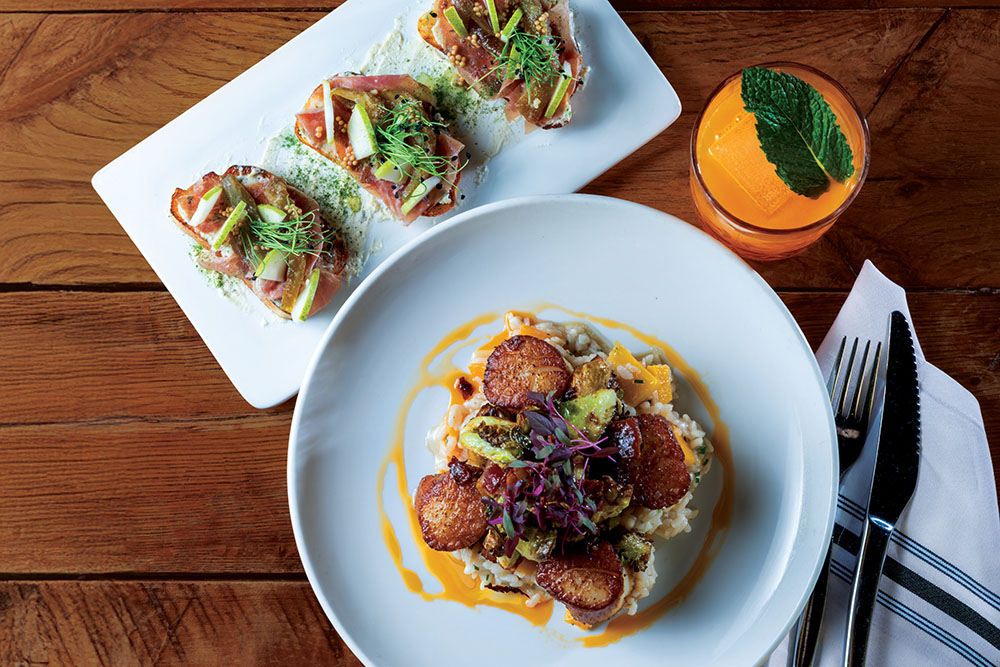 Hokkaido Scallops and Bruschetta from Five Senses restaurant in Murfreesboro, TN.