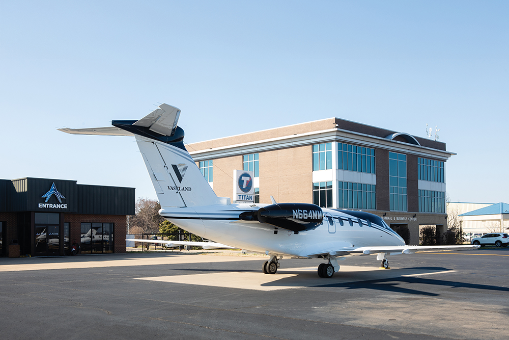 A jet parked on the tarmac in front of the terminal and business center at the Smyrna Airport in Smyrna, TN.