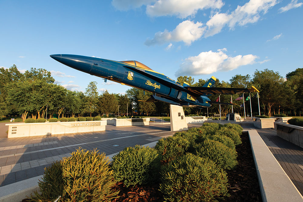 A Blue Angel F/A-18C Hornet is on display at the Captain Jeff Kuss Memorial in Smyrna, Tennessee.
