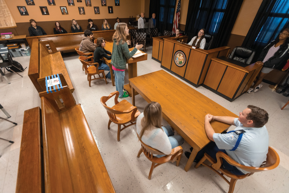 Students in the Academy of Law and Government argue a case in a mock courtroom as part of the criminal justice program at Atlantic High School in Port Orange, Florida.