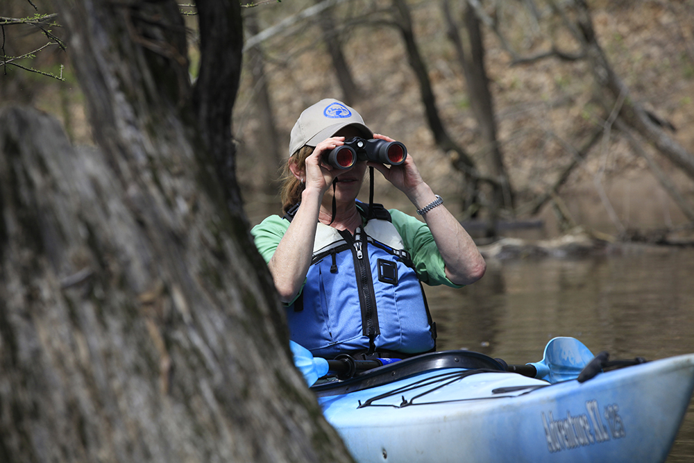 A kayaker looks at wildlife through binoculars while paddling Cut-Off Creek Water Trail in Drew County, Arkansas.