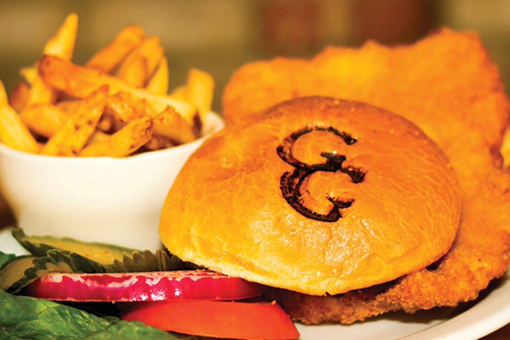 A pork tenderloin sandwich from Grains & Grill in Fairmont, IN.