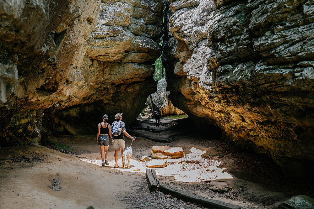 Bear Cave Trail in Arkansas' Petit Jean State Park passes several large rock formations.