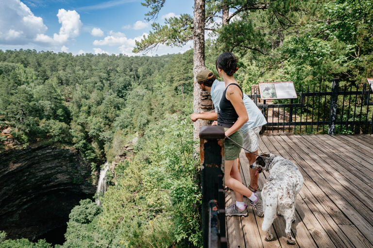 A couple and their dog view the falls at Cedar Falls Overlook at Petit Jean State Park in Morrilton, AR. There are many options for hiking in Arkansas.