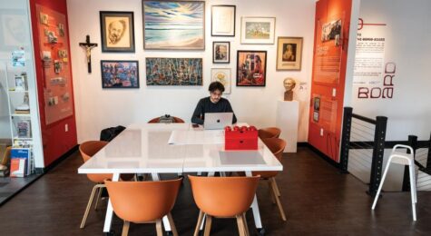 Jake Fiore, of Marion Design Company works in the company office inside of Kennedy Art Center in downtown Marion, IN.