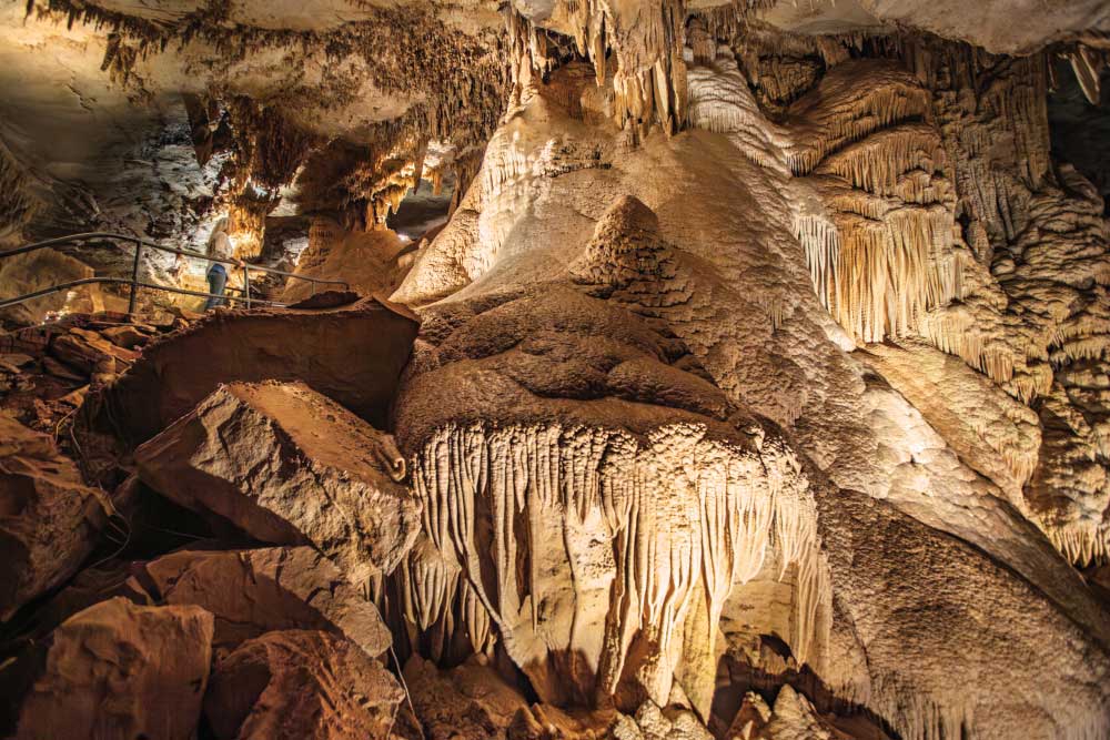 Cave formations are lit up in the Back of Mountain Room at Cumberland Caverns in McMinnville, Tennessee.
