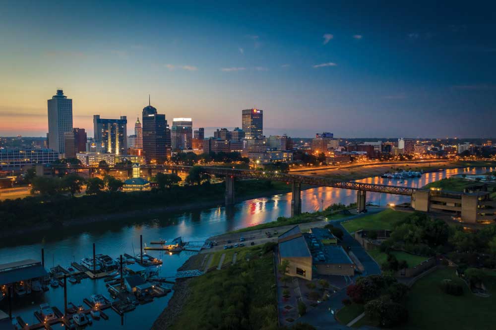 A skyline view of downtown Memphis, Tennessee.