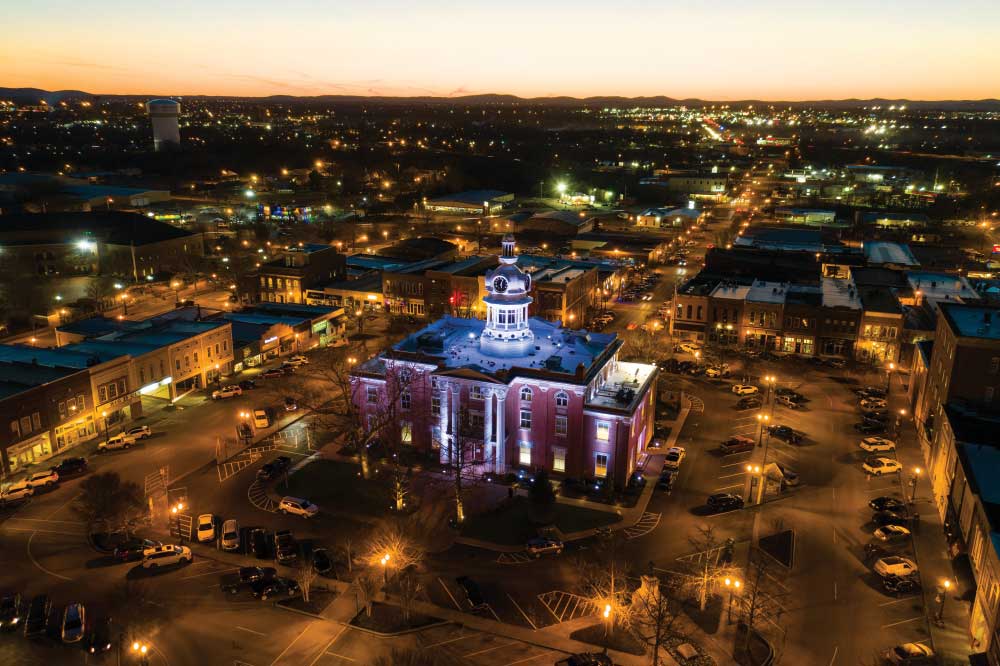 The Rutherford County Historic Courthouse lights up on the Square at dusk in downtown Murfreesboro, Tennessee.