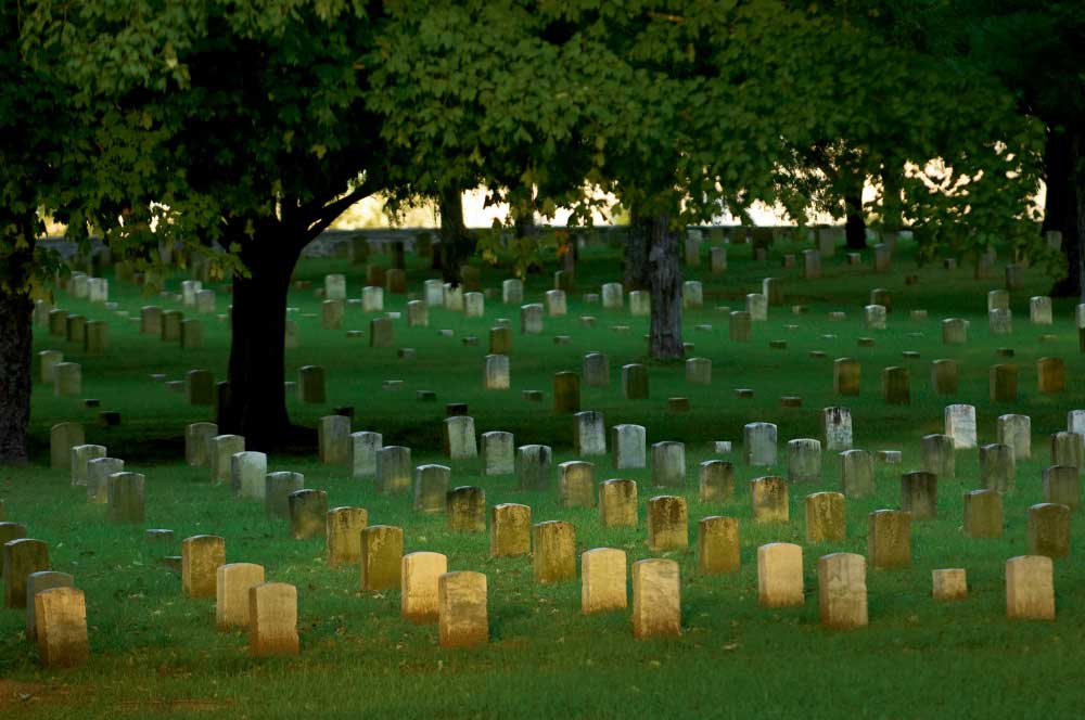 Headstones are neatly aligned in the cemetery at Stones River National Battlefield in Murfreesboro, Tennessee. Stones River was the site of Battle of Stones River during the Civil War from Dec. 31, 1862 to Jan. 2, 1863.