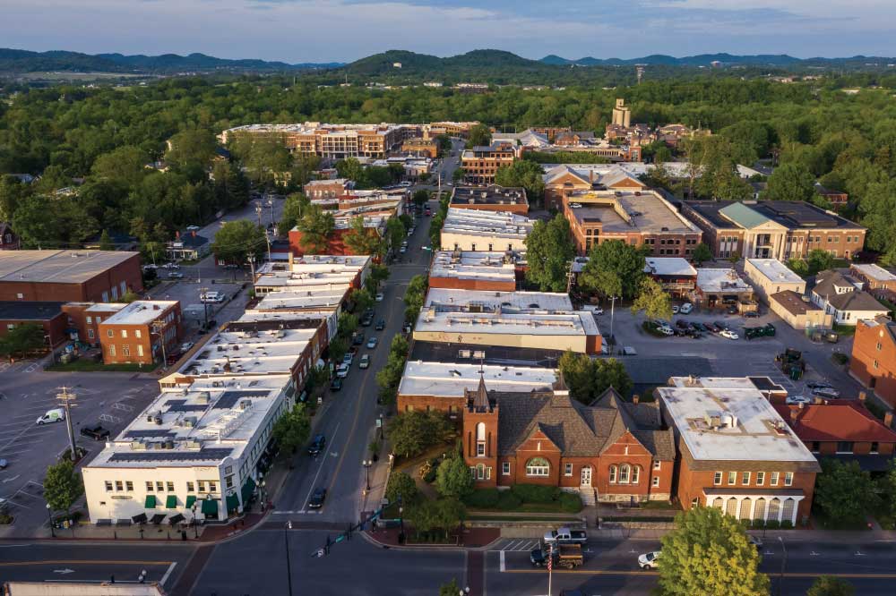 A view looking down Main Street in historic downtown Franklin, Tennessee.