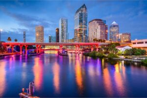 Colorful water reflection of Tampa Skyline in the afternoon stock photo