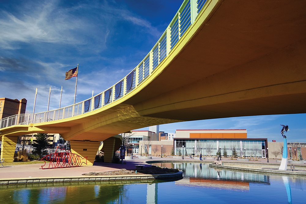 The Veterans’ Bridge, a tribute to over 7,000 service members, stretches over the scenic Pueblo Riverwalk in Pueblo, CO. 
