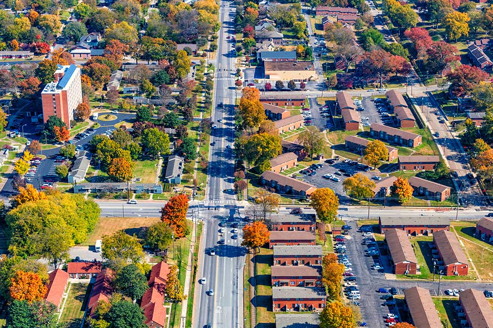 A quiet residential district located just outside of downtown Nashville, Tennessee shot from and altitude of about 1000 feet.