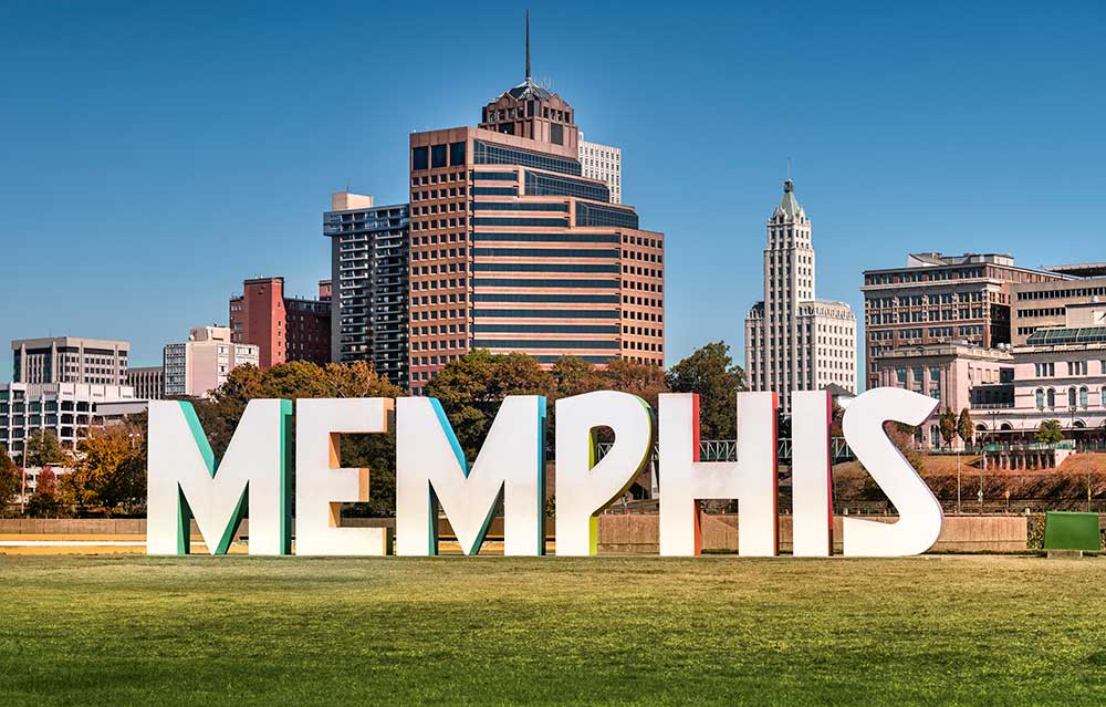 Memphis, Tennessee, downtown city tourist sign skyline scenic view over the waters of Wolf River Harbor