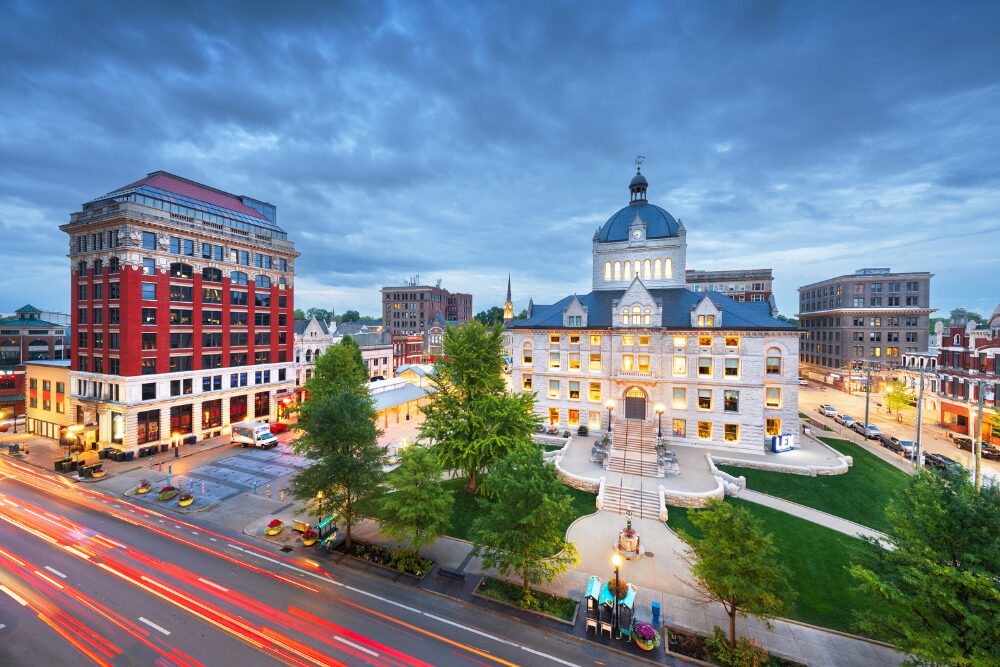 Lexington, Kentucky, USA historic downtown cityscape at blue hour.