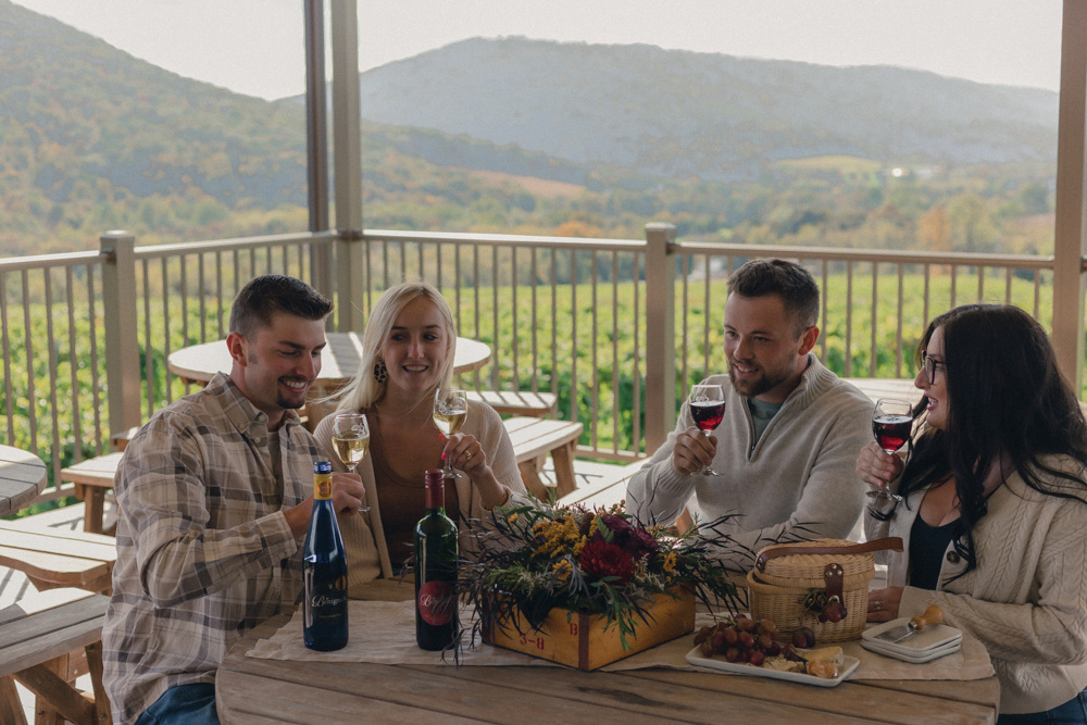 Two couples enjoy wine on the deck at Benigna's Creek Vineyard & Winery in Schuylkill County, PA, with mountains in the backdrop.