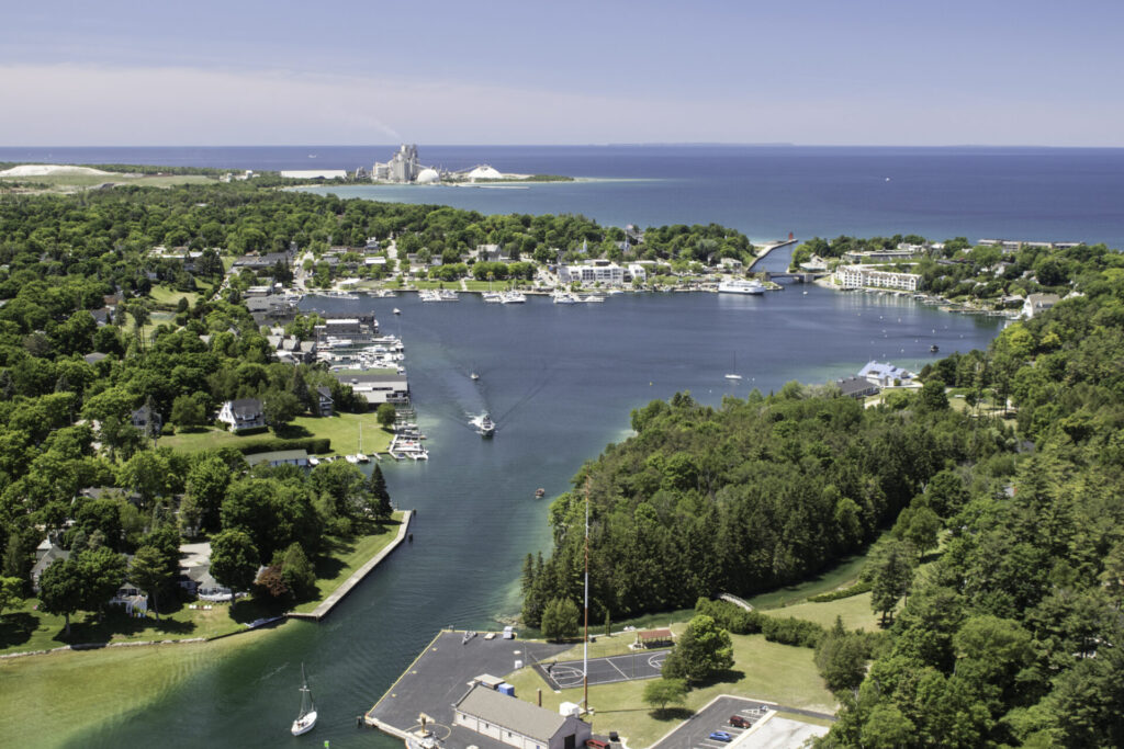 Aerial view of Round Lake in Charlevoix, MI