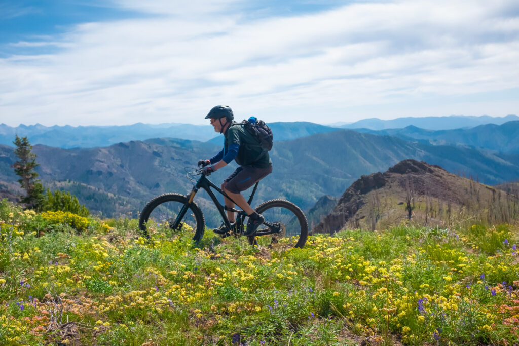 A Senior Mountain Biker Riding Osberg Ridgeline Trail surrounded by wild flowers.