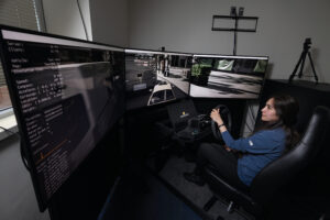 PhD student Sima Ashayer works on a driving simulator in the Smart Mobility Lab, which is part of the Center for Urban Informatics and Progress at UT Chattanooga, in Chattanooga, Tennesssee. The lab studies traffic signals and patterns around Chattanooga.