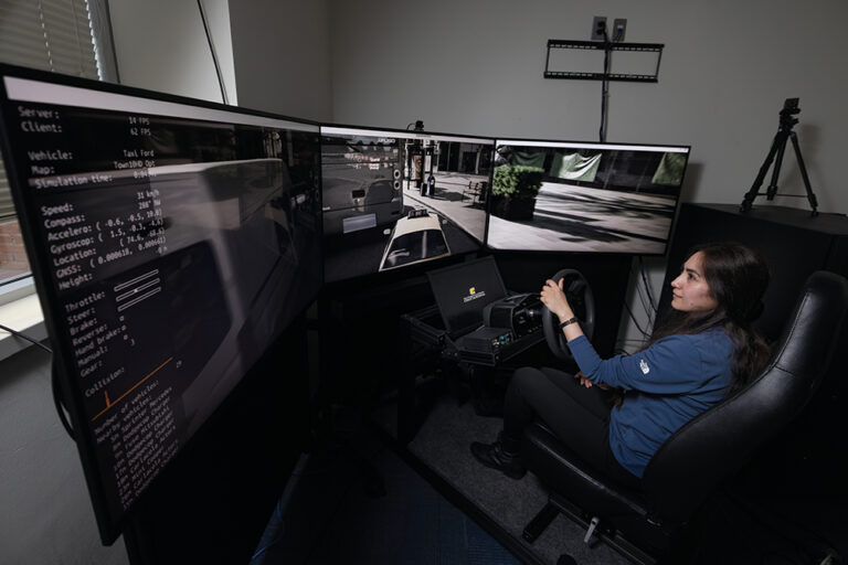 PhD student Sima Ashayer works on a driving simulator in the Smart Mobility Lab, which is part of the Center for Urban Informatics and Progress at UT Chattanooga, in Chattanooga, Tennesssee. The lab studies traffic signals and patterns around Chattanooga.