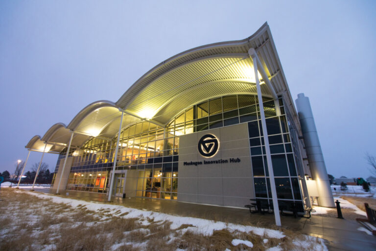 Dusk at Grand Valley State University Muskegon Innovation Hub in Muskegon, Michigan.