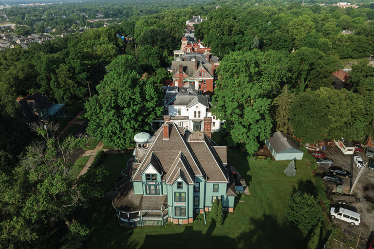Aerial views of historic homes along West High Street in Peoria, Illinois.