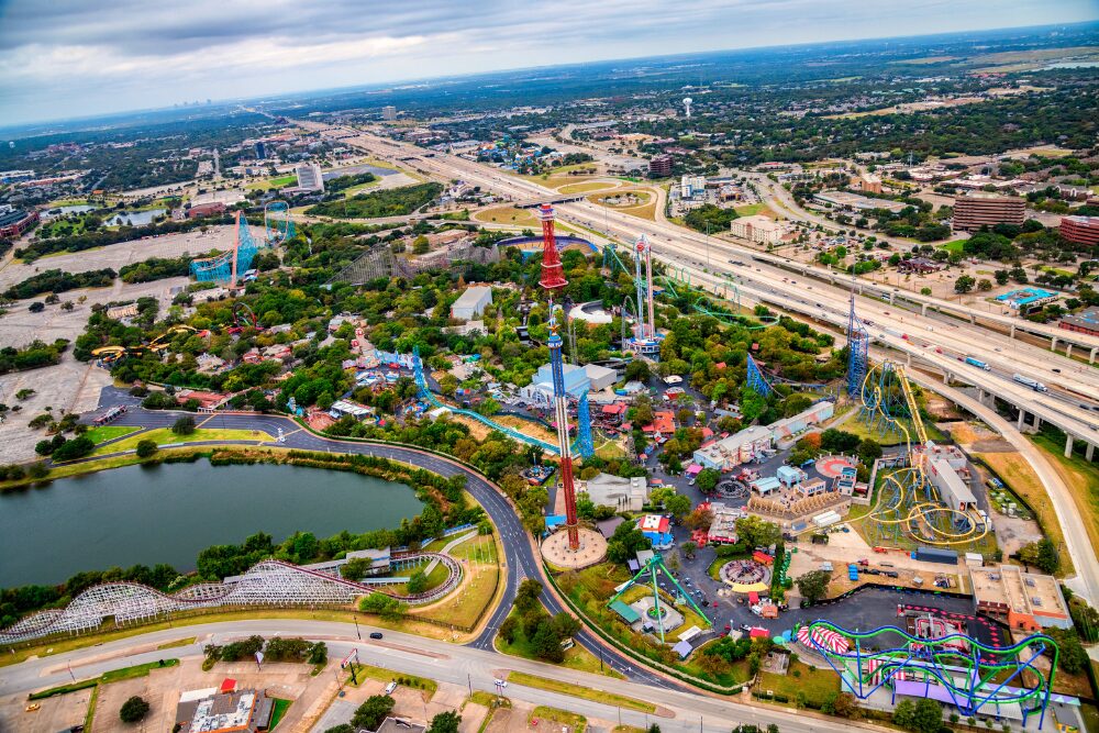 Aerial view of Six Flags Over Texas amusement park located in Arlington just outside of Dallas, Texas.