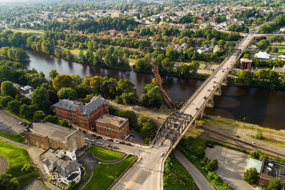 The panoramic aerial view of Bethlehem - the city in Pennsylvania, in Appalachian mountains on the Lehigh River