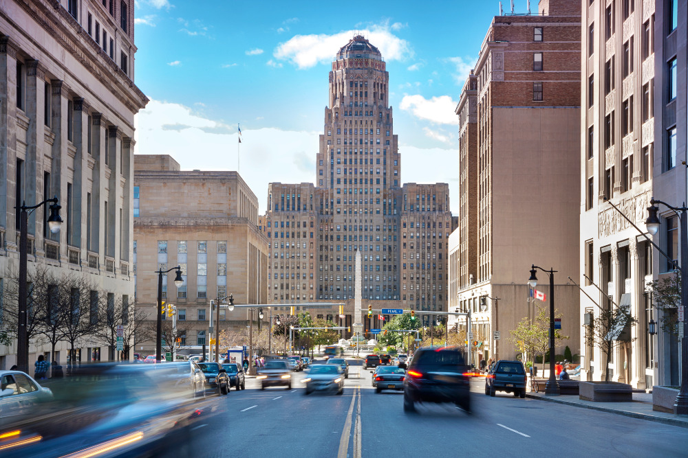 A view of Buffalo City Hall and its surrounding cityscape in Buffalo, New York.
