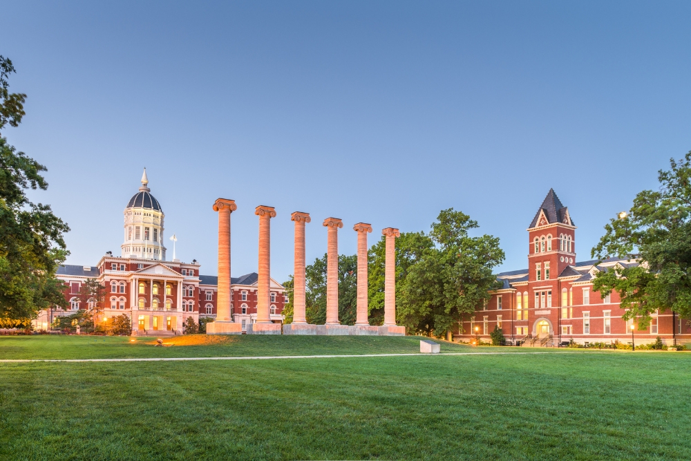 The historic columns at twilight in Columbia, Missouri.