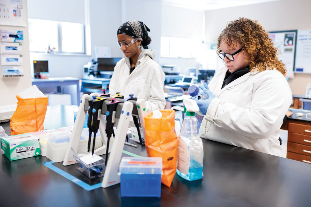 Worcester Technical High School students in lab