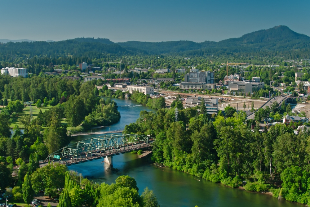 Aerial shot of the river in Eugene, Oregon. Eugene is one of the best cities on the west coast.