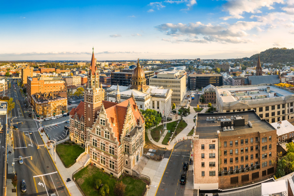 The aerial cityscape of Paterson, NJ and its old courthouse.