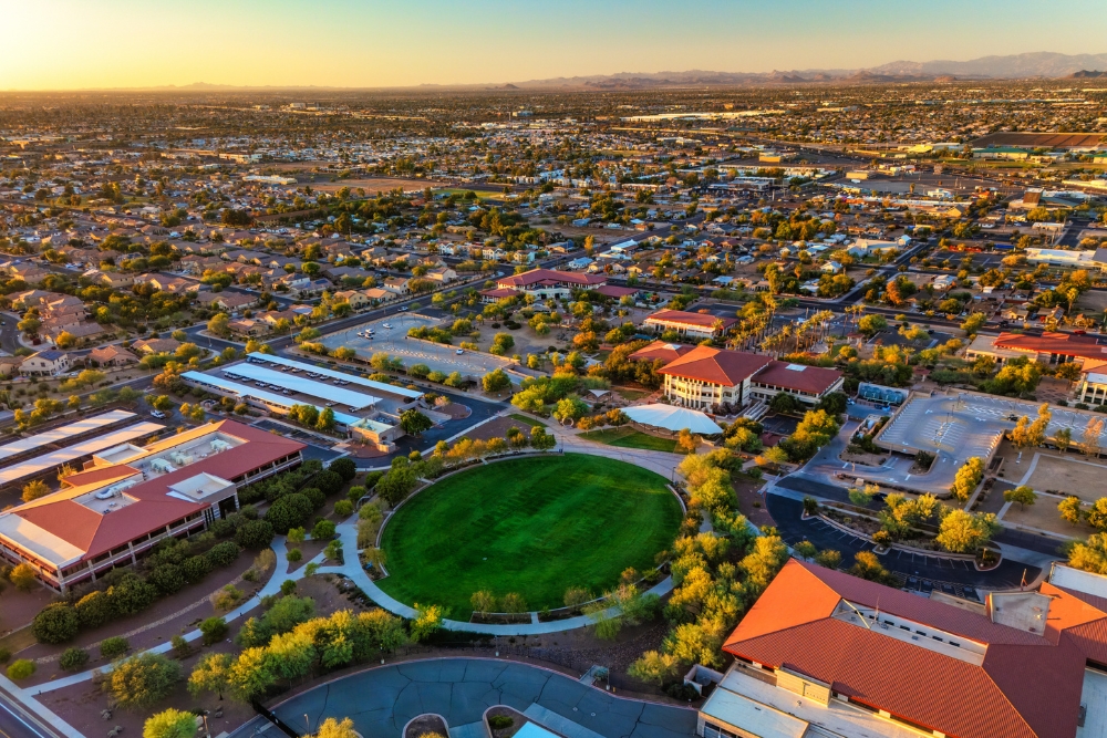 An aerial shot of Peoria, AZ at golden hour.