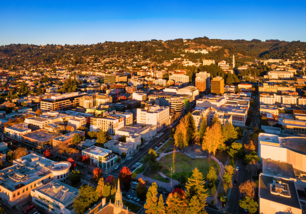 Downtown Berkeley skyline aerial during the golden hour with the Berkeley Hills in the background, during autumn.