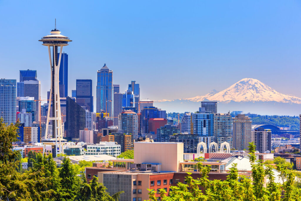 Seattle downtown skyline and Mt. Rainier, Washington. USA.