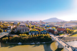 Elevated View of Chattanooga Tennessee Skyline and Lookout Mountain in the Distance