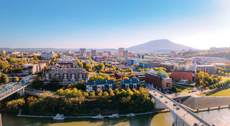 Elevated View of Chattanooga Tennessee Skyline and Lookout Mountain in the Distance