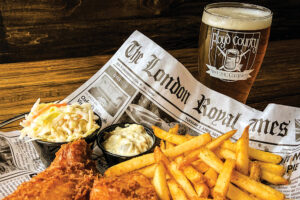 Fish and chips are served alongside a beer at Floyd County Brewing Co. in New Albany, IN.