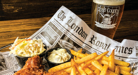 Fish and chips are served alongside a beer at Floyd County Brewing Co. in New Albany, IN.