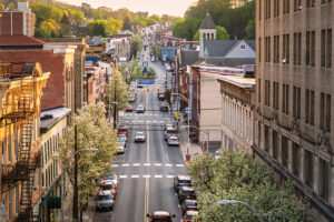 A drone photo looks west over Market Street in Downtown Pottsville, PA.