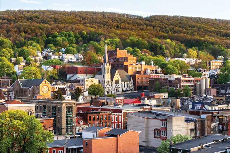 A drone view of downtown Pottsville, PA, looking west toward Yeungling Brewery.