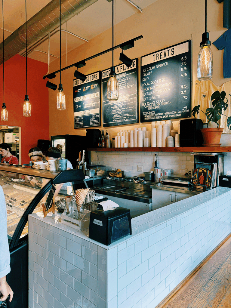 The ice cream counter at Coneflower Creamery