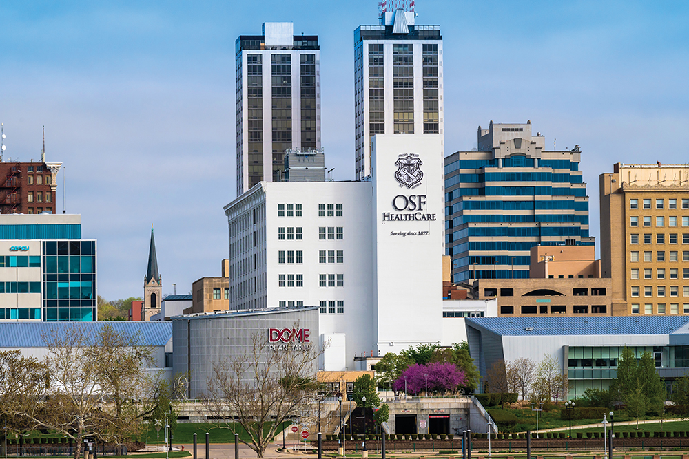 OSF Healthcare System building in downtown Peoria, IL.