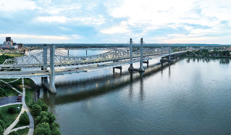 Ohio River and bridge shot showcasing Southern Indiana for Fouridor feature.