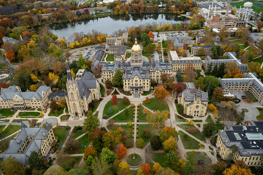 An aerial view of the University of Notre Dame's Main Quad