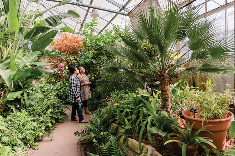 Two women visit Luthy Botanical Garden in Peoria, IL.