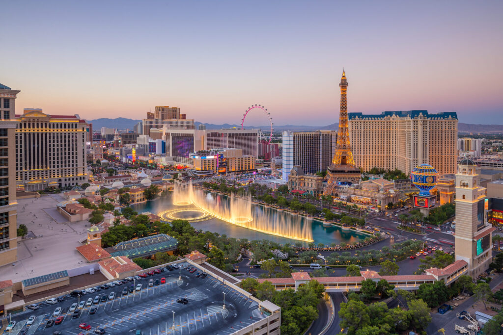 Aerial view of Las Vegas strip in Nevada as seen at night USA. Las Vegas is among the top 10 U.S. travel destinations for 2025.