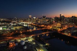 Aerial views of downtown Nashville, Tennessee at dusk. Drone photo.